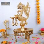 Brass Stand Deepak - Fully Decorated Peacock and bells 1 061 2 eMetalCrafts