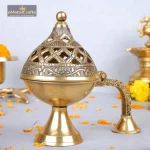 Brass Ethnic Carved Design Incense Burner with Handle 1 201 eMetalCrafts