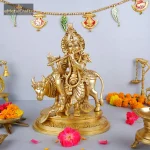 Brass Lord Krishna Statue with Cow 1 471 eMetalCrafts