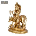 Brass Lord Krishna Statue with Cow 4 474 eMetalCrafts