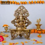 Ethnic Brass Deepak with Ganesha Motif 1 Curved Oil Wick Deepak