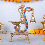 Brass Stone Peacock Diya for Puja Traditional Oil Lamp with Bell Antique Diwali Decorative