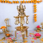 Brass Ganesha 8  Wick oil Diya with bells for home decore