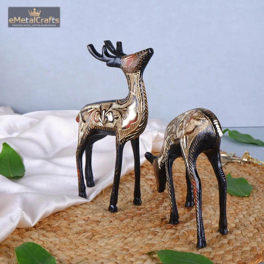 Brass Set Of Two Ornate Golden Embossed Deer Brass Set Of Two Ornate Golden Embossed Deer