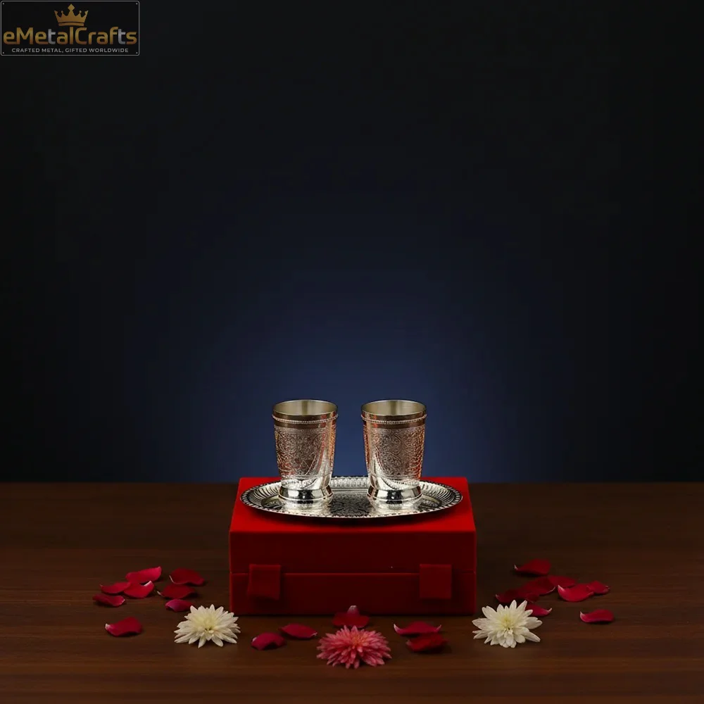2 brass glass set with tray 2 brass glass set with tray